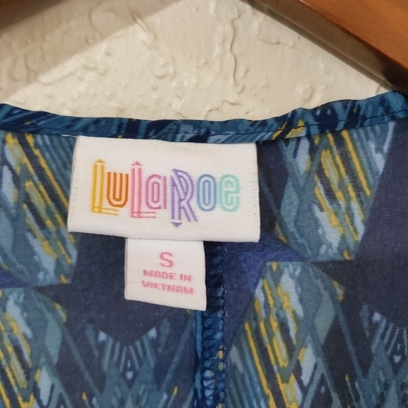 Lularoe Kimono Blue White Yellow Open Front Geometric Size Small - Picture 4 of 6